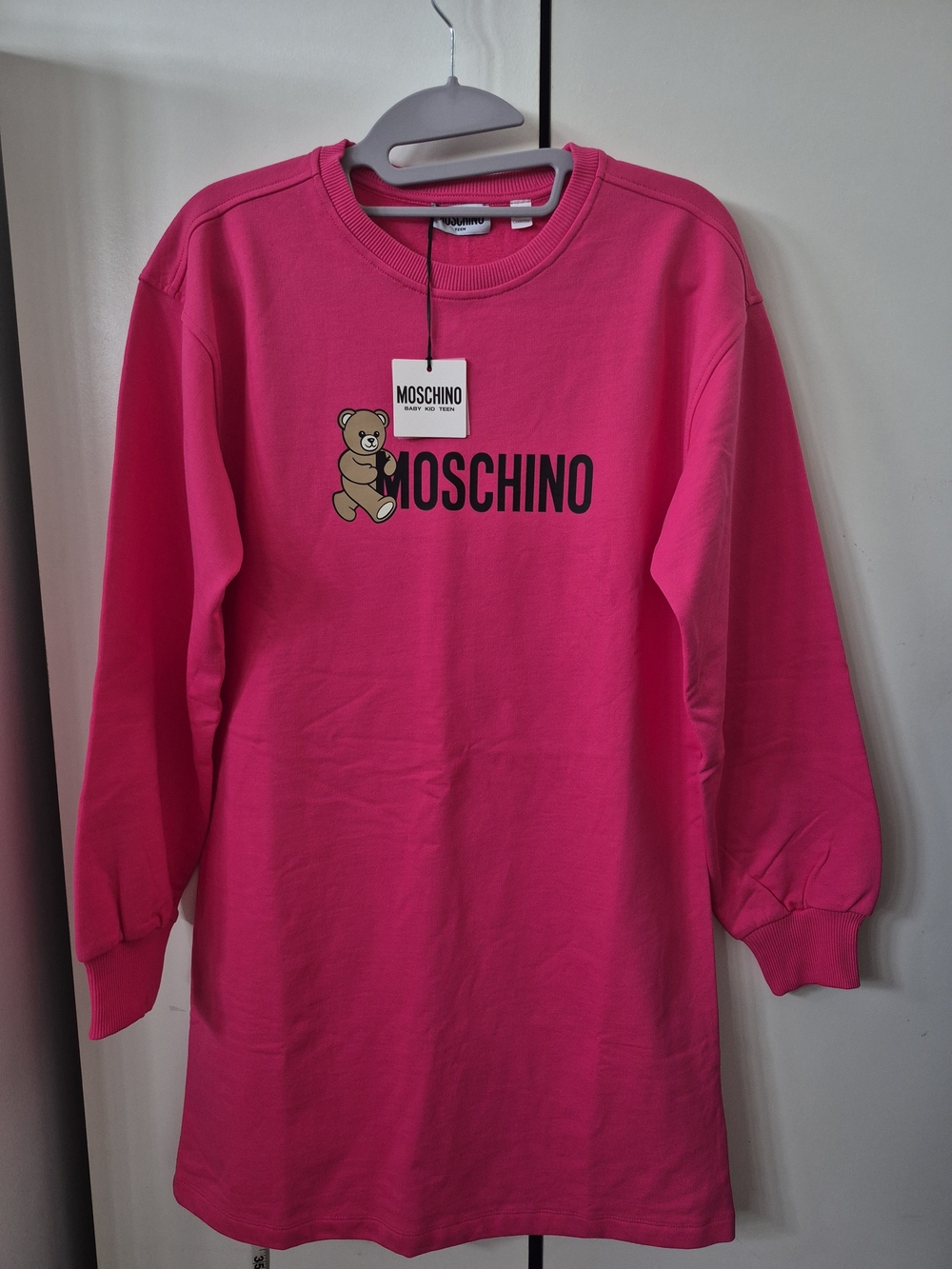 Moschino Teens Raspberry Pink Teddy Logo Sweatshirt Dress